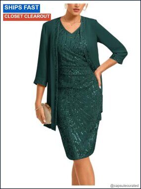 Two Piece Sequin Tank Dress with Jacket V-Neck Wedding Guest Party